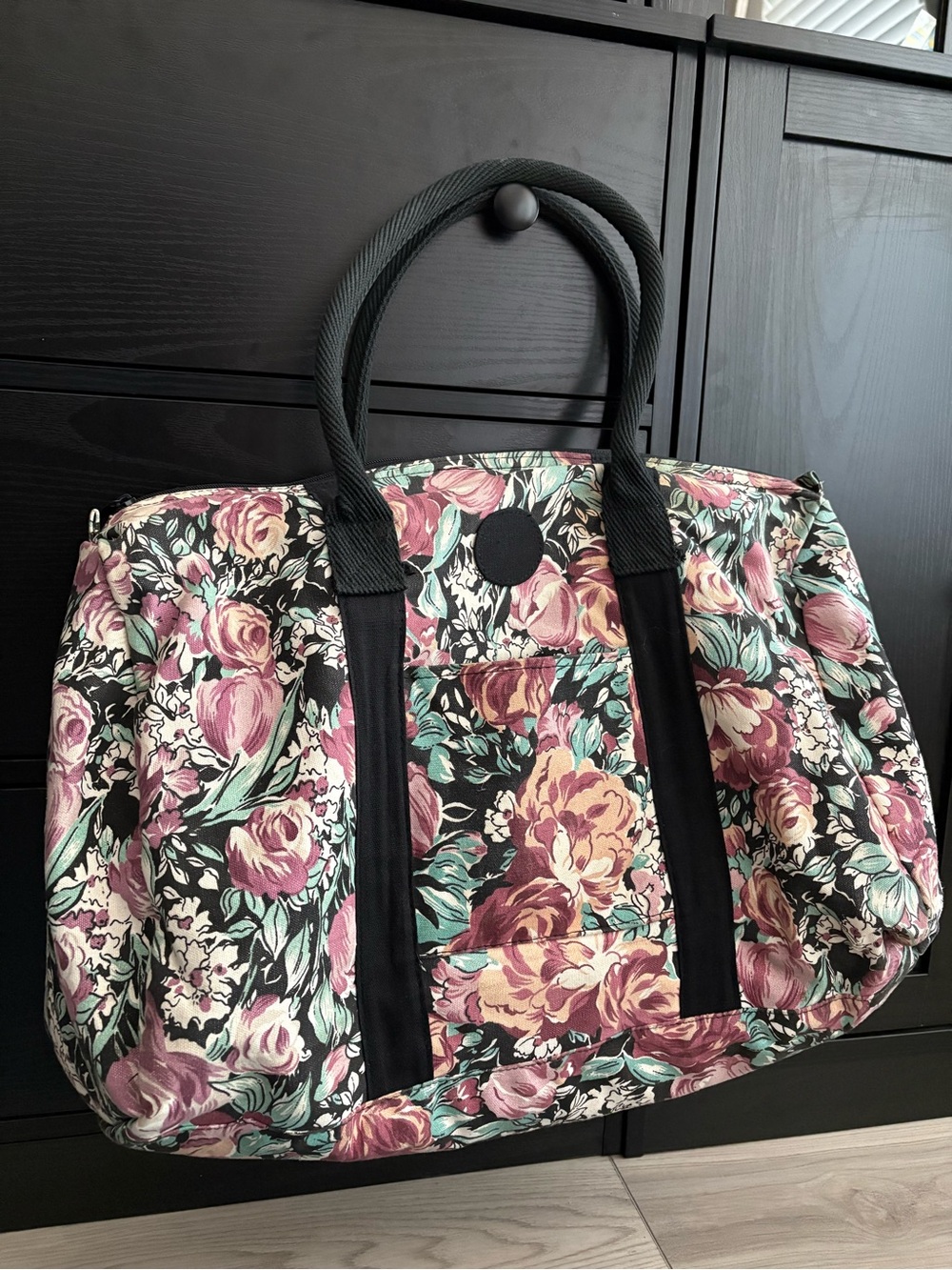 Vintage Style Floral Weekender Tote Bag in Pink and Black